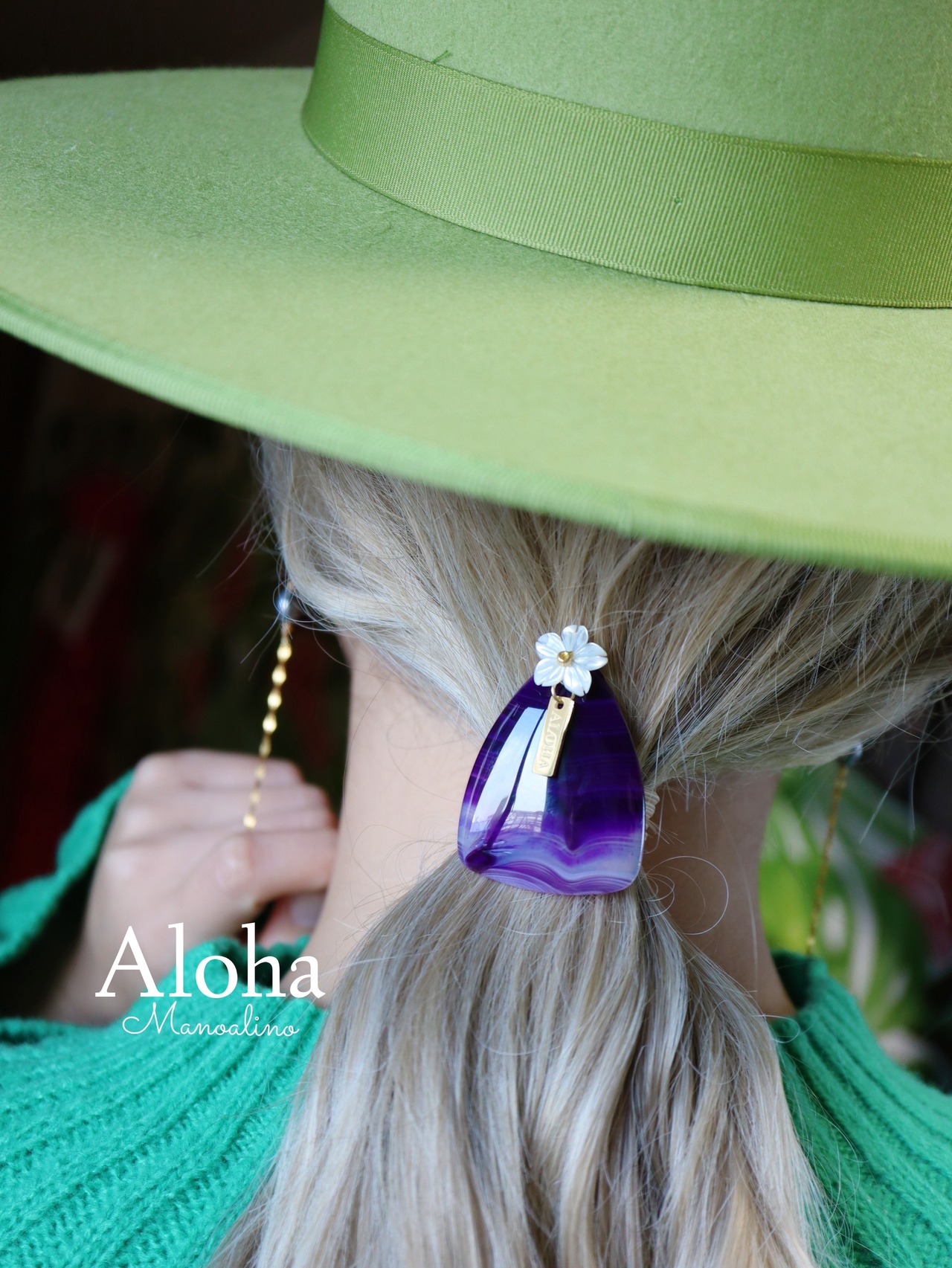 Purple agate×Plumeria hair accessory(パープルアゲート瑪瑙天然石×プルメリアヘアゴム)