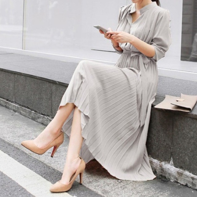 Stand collar elegant chiffon pleats long dress ( 4color )