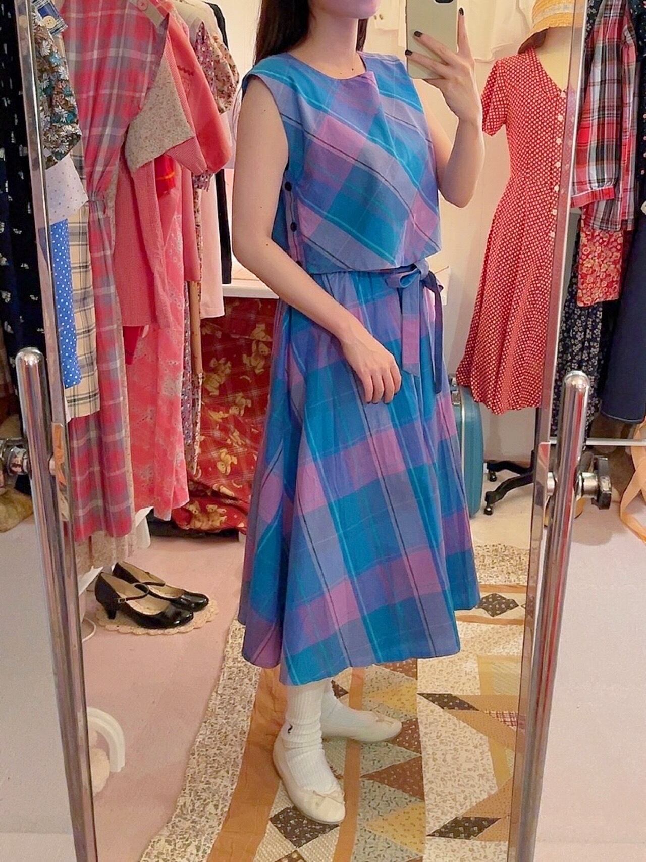 blue pink check ensemble one-piece