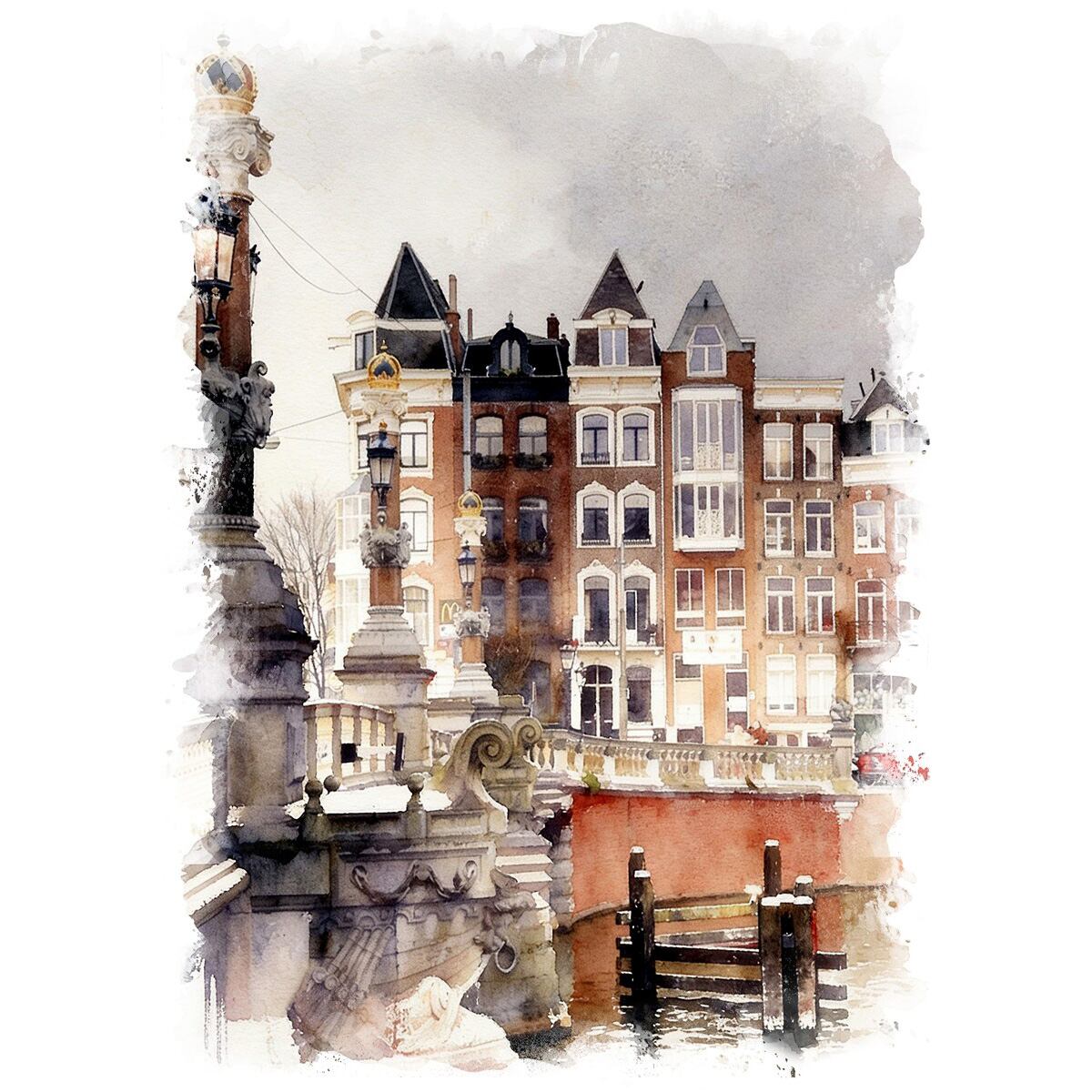 絵画 オランダ 風景画(街並み) アムステルダム 青い橋 インテリアアート額付き 水彩画・油絵調 WAT0488