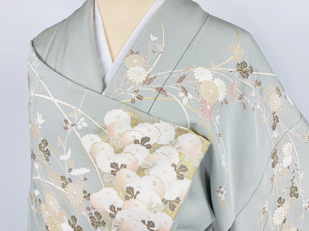 本金箔 金駒刺繍 京友禅 菊 萩 訪問着 花柄 正絹 裏葉色 薄緑 766