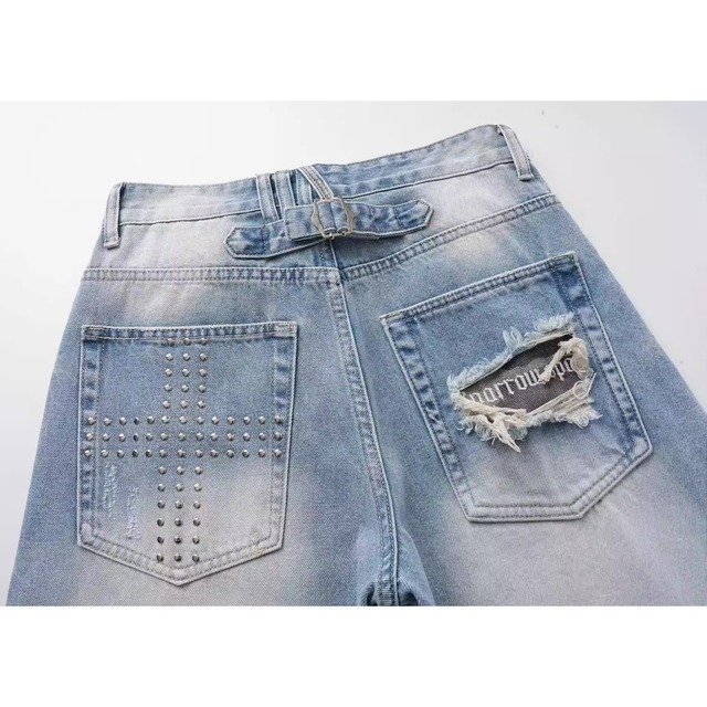 スタッズバッククロスワイドラインデニムパンツ 1col   R01844