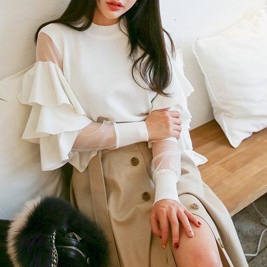 ニット フリル袖 デザイントップス レディース 韓国 ファッション 袖