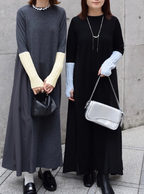 【 ROSIEE 】アームウォーマーライク布帛ドッキングニットワンピース