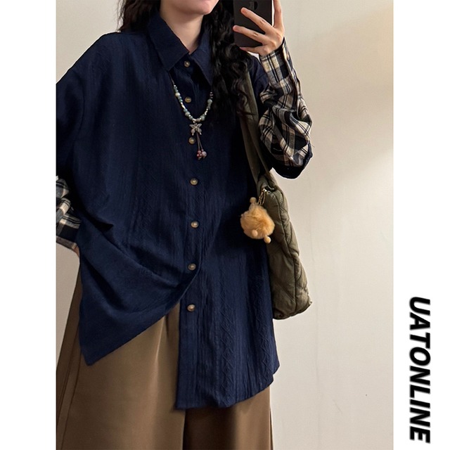【UATONLINEシリーズ】★シャツ★ 2color トップス 長袖シャツ ユニセックス メンズ チェック柄 切り替え