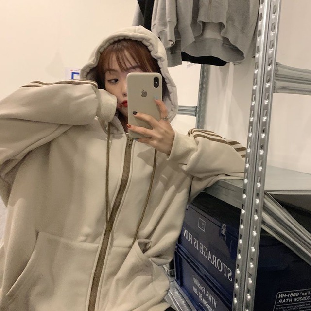 新作フリース厚手フード付きルーズミドル丈スポーツカジュアル長袖パーカージャケット女性用