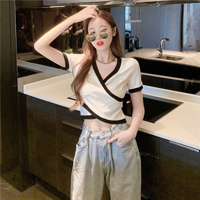 サマーカラークロスVネックスリムショートTシャツ トップス 夏物 ドラファッションホール14781774024