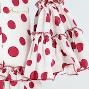 フラメンコ 衣装 ワンピース ドレス 子供 キッズ ジュニア 水玉 ドット ボランテ フリル ダンス パーティ 発表会 赤 白 ホワイト系 レッド系 フラメンコ衣装 子供ドレス 可愛いデザイン ダンス衣装 発表会用 衣装 おしゃれ 赤ドット 白ドット フリルスリーブ