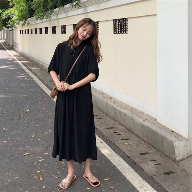 ロング丈 ワンピース 半袖 レトロ スタイリッシュ 黒 パフスリーブ Cgam Cg1p