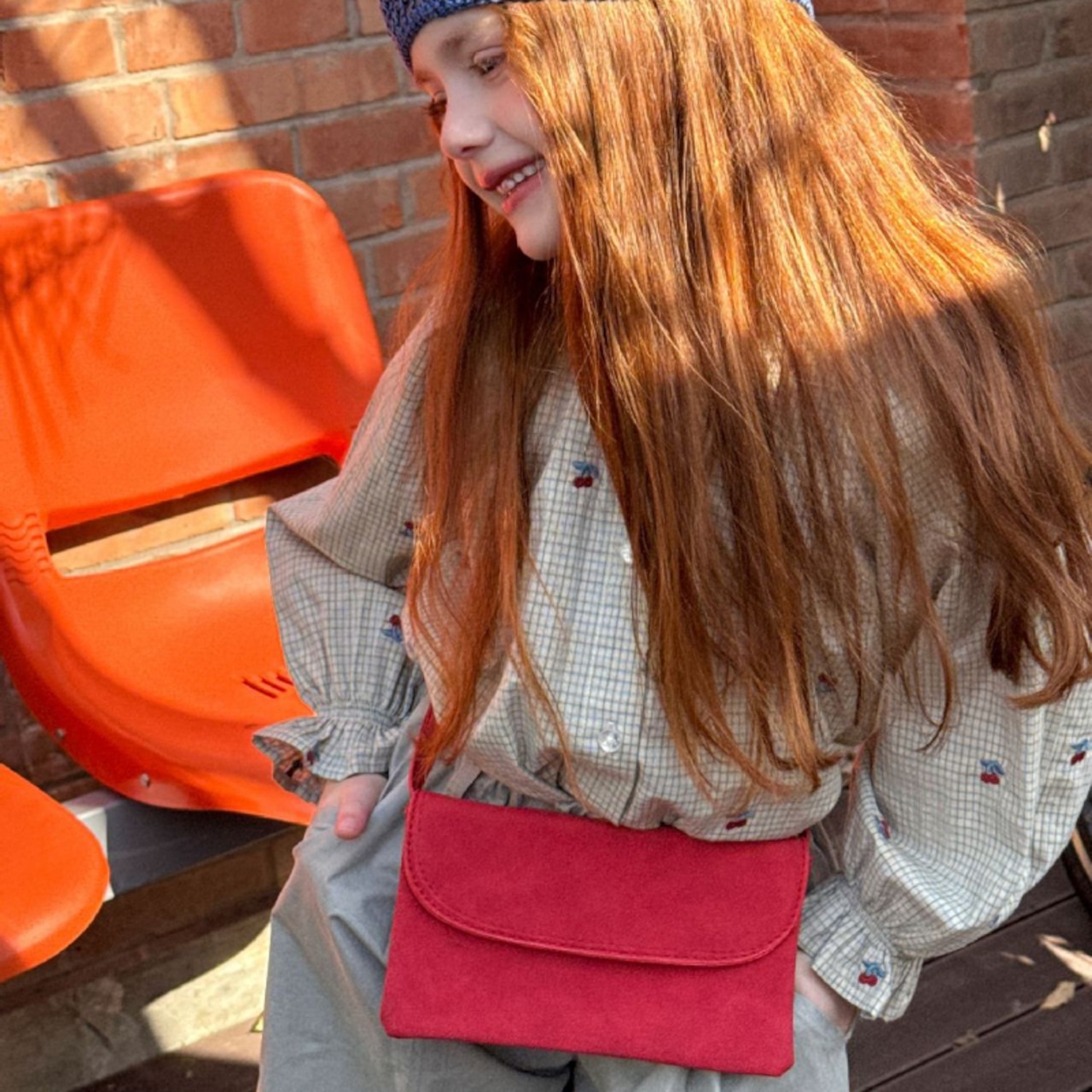 春チューリップ刺しゅうチェック柄シャツ