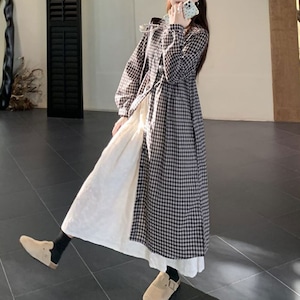 【送料無料】 ロングシャツ チェック柄 シャツ 長袖 レディース 春秋 韓国 きれいめ 大人 カジュアル かわいい おしゃれ ロング丈 ゆったり リラックス チュニック ワンピース 大人可愛い 大人女子