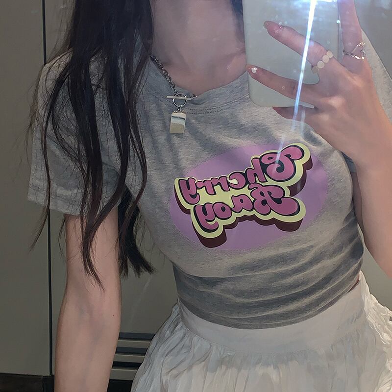 Tシャツ ショートホワイトスリムトップス サマー 夏物 ピュア ブラックストロベリース14576623287