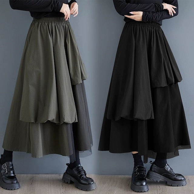 FLAP LAYERED SOLID A-LINE MIDI SKIRT 2colors M-11111