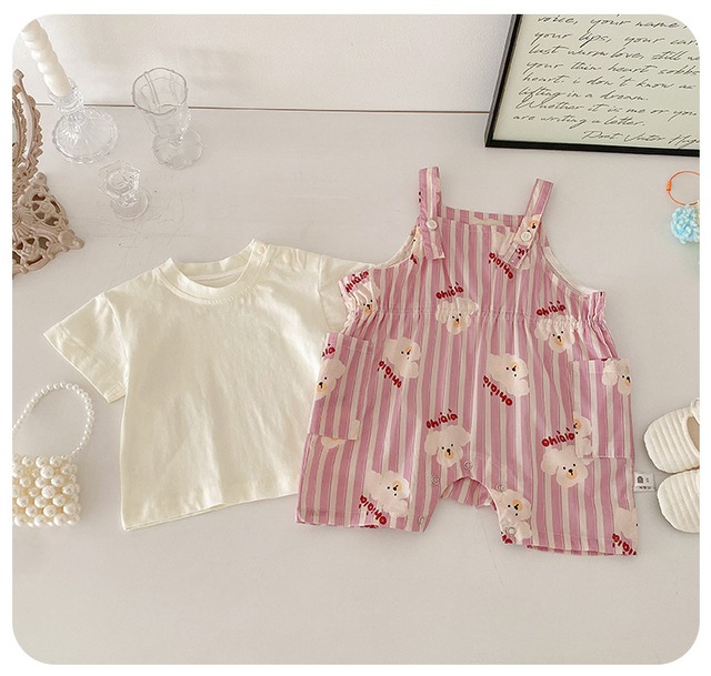 【セット】いぬプリントストライプサロペットロンパース半袖Tシャツセット - 17
