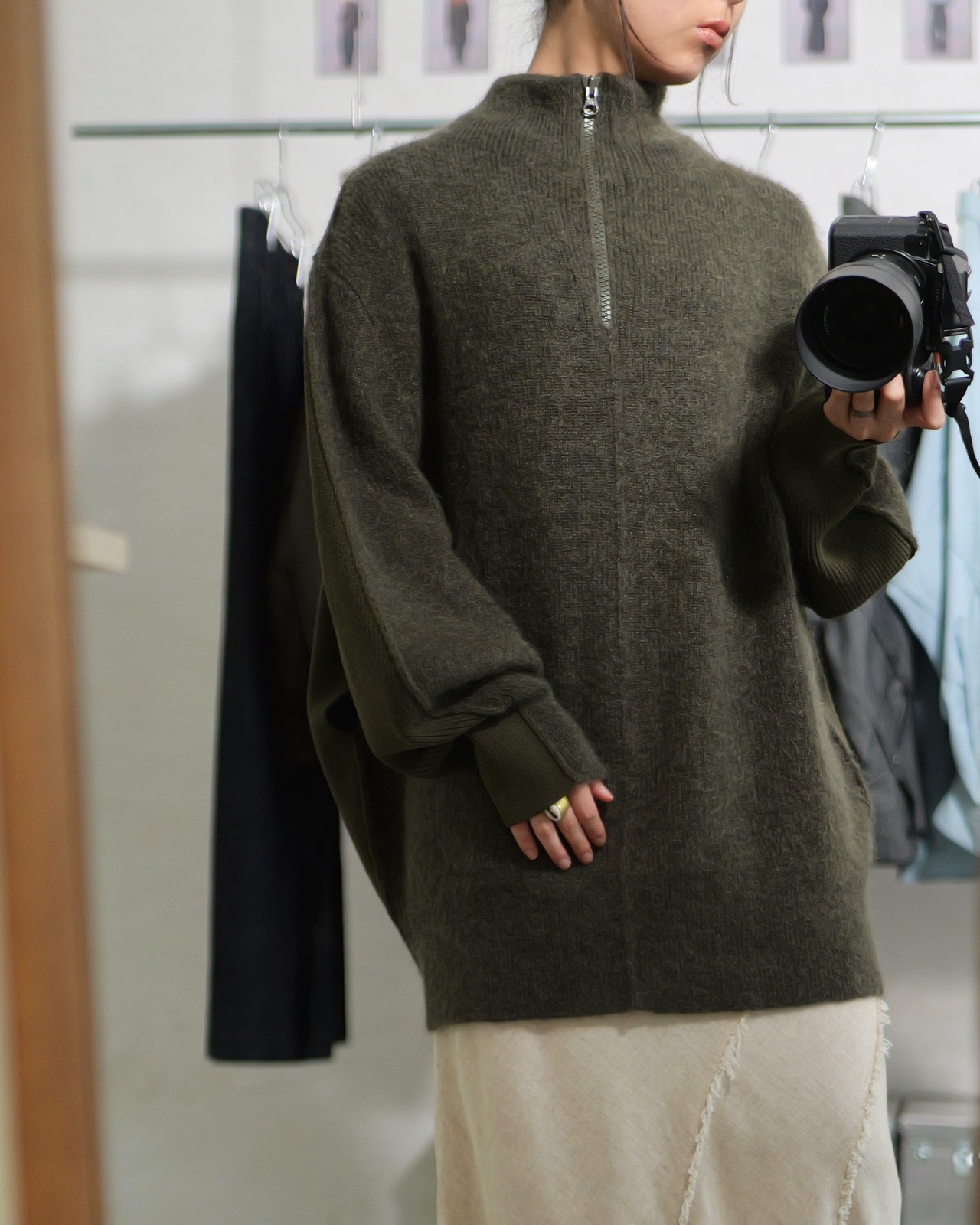 予約販売 | i’m here : - “SWITCH” DRIVER’S KNIT ：Khaki｜前後スイッチ／ドライバーズニット／異素材の温度