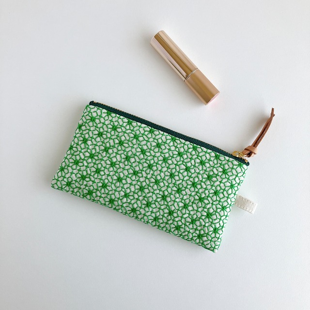 刺し子のポーチ14㎝/リネン(アイボリー)緑