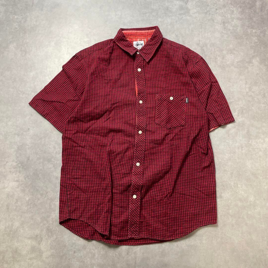90s USA製 OLD STUSSY ギンガムチェック 赤 半袖 シャツ
