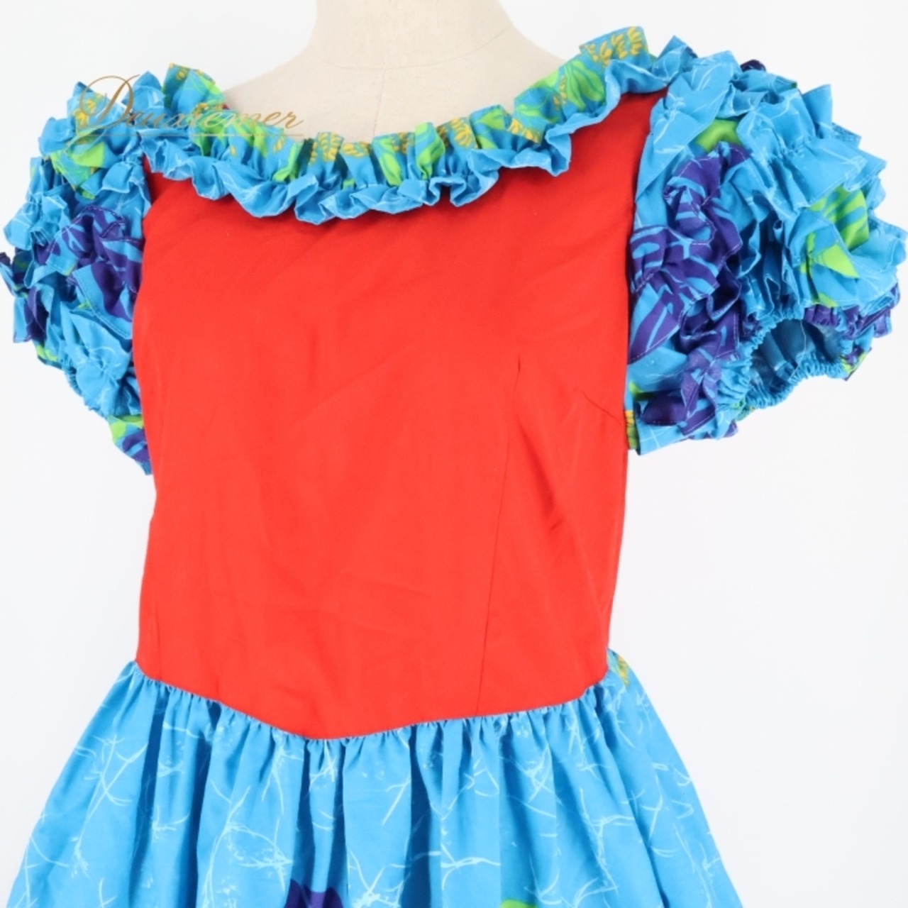 フラダンス 衣装 ワンピース ドレス ブルー系 レッド系 モンステラ柄 イプヘケ柄 フリル 華やか 鮮やか 明るい かわいい 赤 青 黄 緑 ハワイアン アロハ ハワイアンプリント フラ ダンス レッスン 練習 カラフル ハワイアンファッション 明るい色