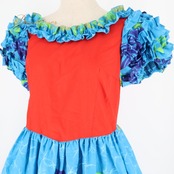 フラダンス 衣装 ワンピース ドレス ブルー系 レッド系 モンステラ柄 イプヘケ柄 フリル 華やか 鮮やか 明るい かわいい 赤 青 黄 緑 ハワイアン アロハ ハワイアンプリント フラ ダンス レッスン 練習 カラフル ハワイアンファッション 明るい色