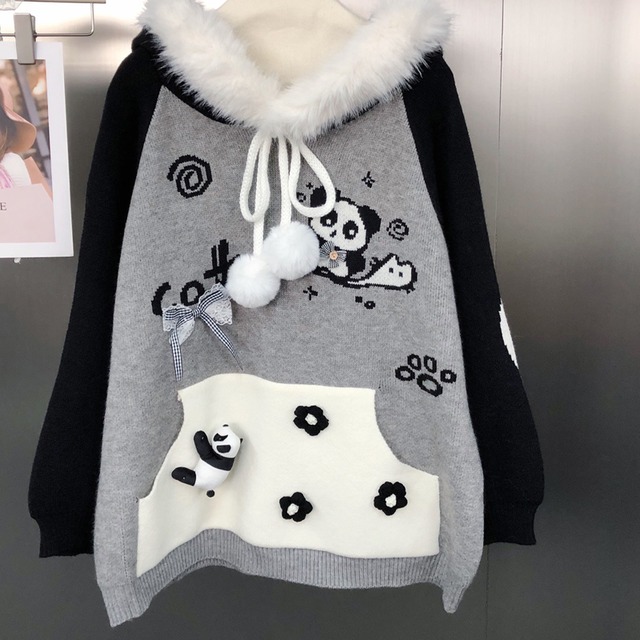 【tops】ファー付きニットパーカー Q6982