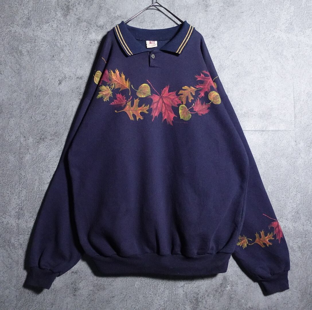 90s “ART UNLIMITED” autumn leaves printed polo sweat