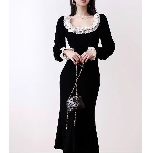 lace square neck black dress＜d1845＞