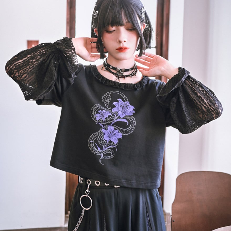 チャイニーズゴシック  古怪舎 長袖シャツ フェイクツーピース 蛇プリント ストリートファッション