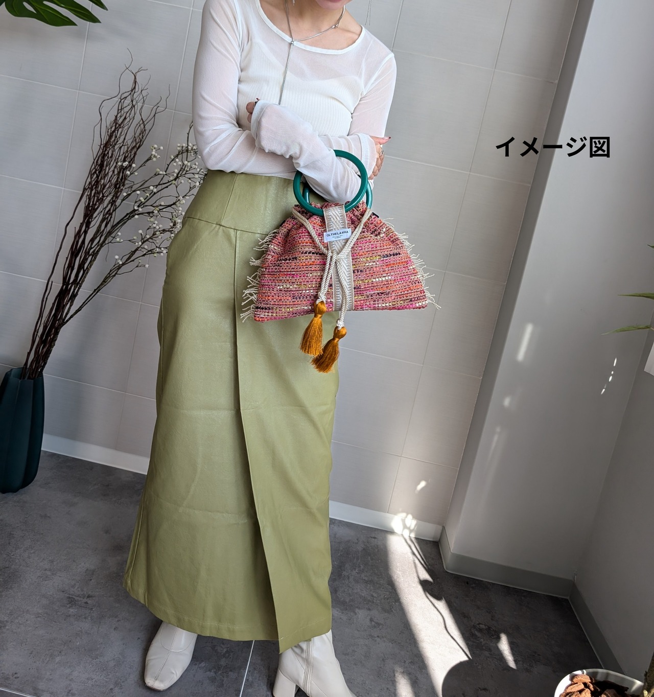 Wave Velvet Ring Bag-Green×Bordeaux