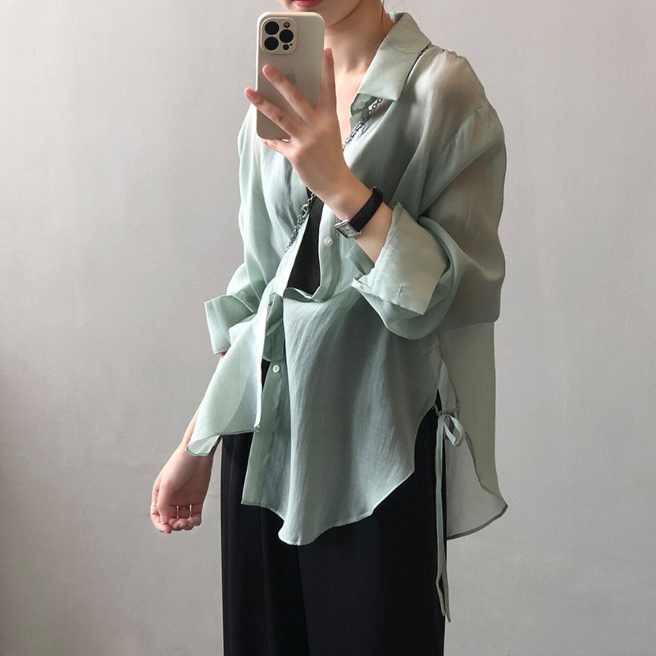 サイドリボンテンセルシャツ a0011