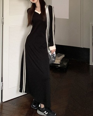 サイドラインVネックカジュアルワンピース  A0931