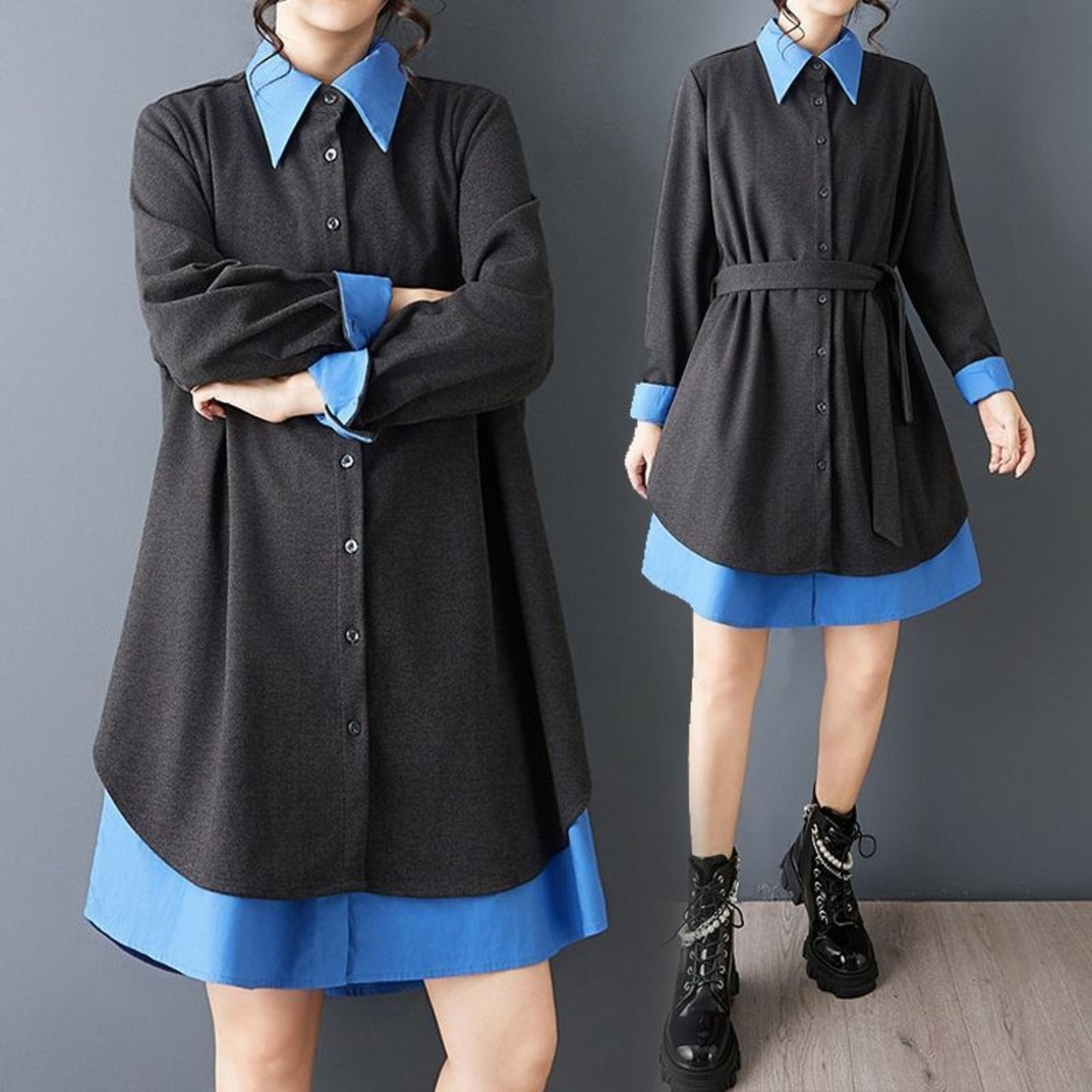 レイヤード風 配色 シャツワンピース  00130