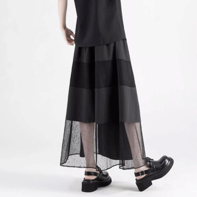 Mesh switch design maxi length wrap skirt C1074