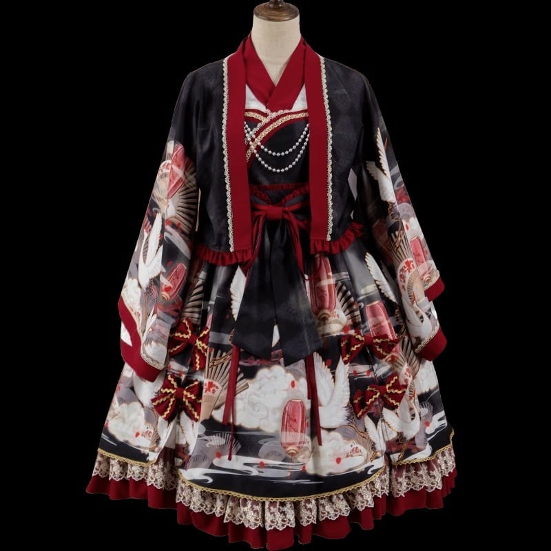 即納 黒Sサイズ】和ロリ 鶴と扇の和柄 ロリータ 着物風 JSK+羽織 豪華