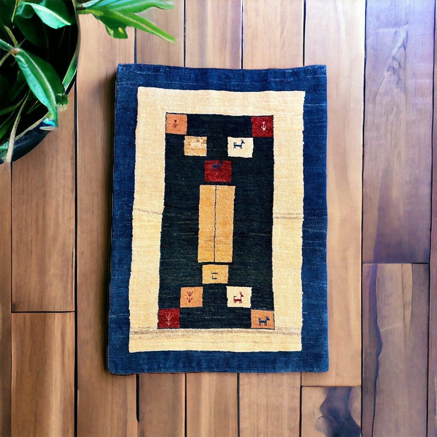 【夏のキャンペーン】ペルシャ　ギャッベ　玄関　90×60 アイボリー　孔雀 ギャッベ 玄関マットサイズ（L）ブルー×ホワイト 141×98【No