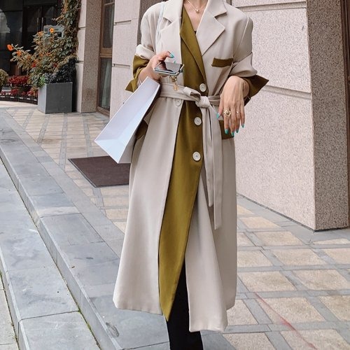 トレンチコート レディース 秋冬新作 ゆったり ロング丈 アウター 配色 バイカラー 切り替え 韓国 ファッション 秋 冬 春 トレンチコート レディース 秋冬新作 ゆったり ロング丈 アウター 配色