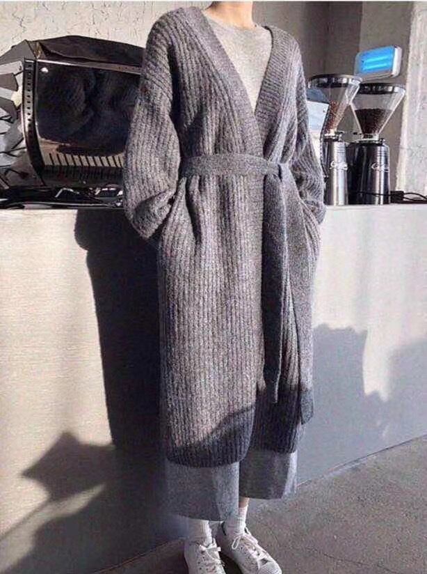 ウエストリボンロングニットカーディガン