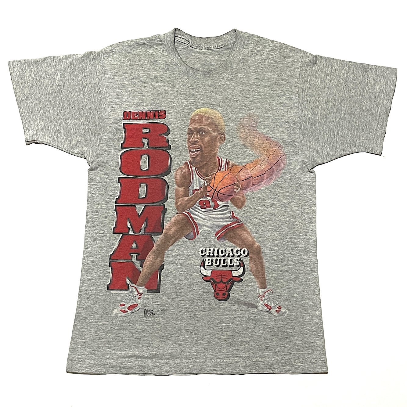 90s デニスロッドマン×シカゴブルズ ヴィンテージ Tシャツ DENNIS RODMAN NBA CHICAGO BULLS PRO  PLAYER(グレー,Mサイズ程度)袖裾シングルステッチ | ヴィンテージ古着&アンティーク商品取扱い Black Smith 