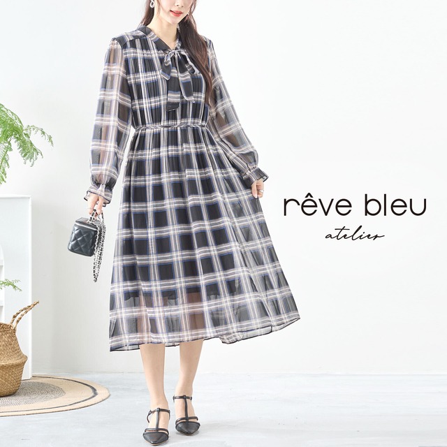 reve bleu シフォンボウタイチェック柄ワンピース【M~L】ブラック