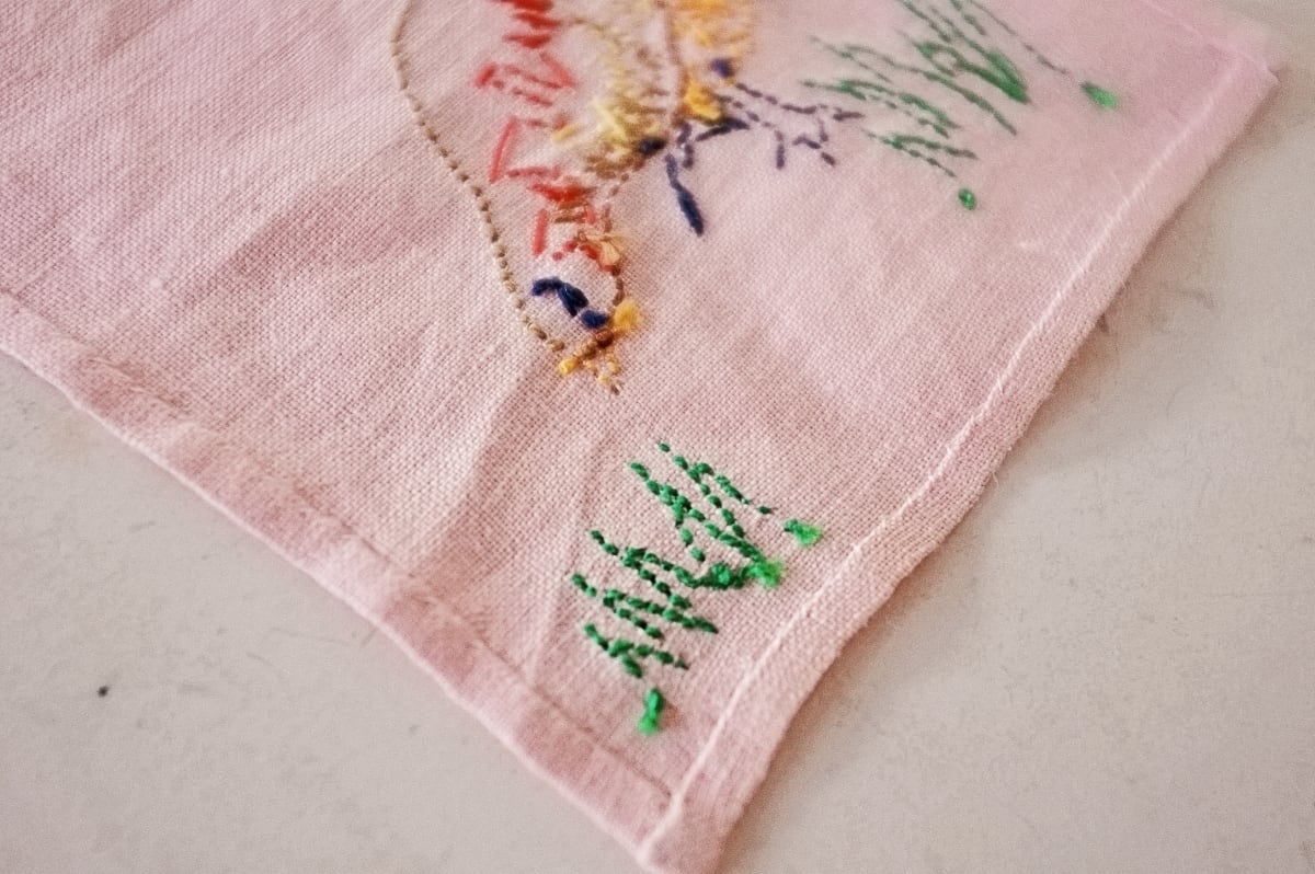 フランス リネン お散歩小鳥と刺繍クロス ドイリー アンティーク