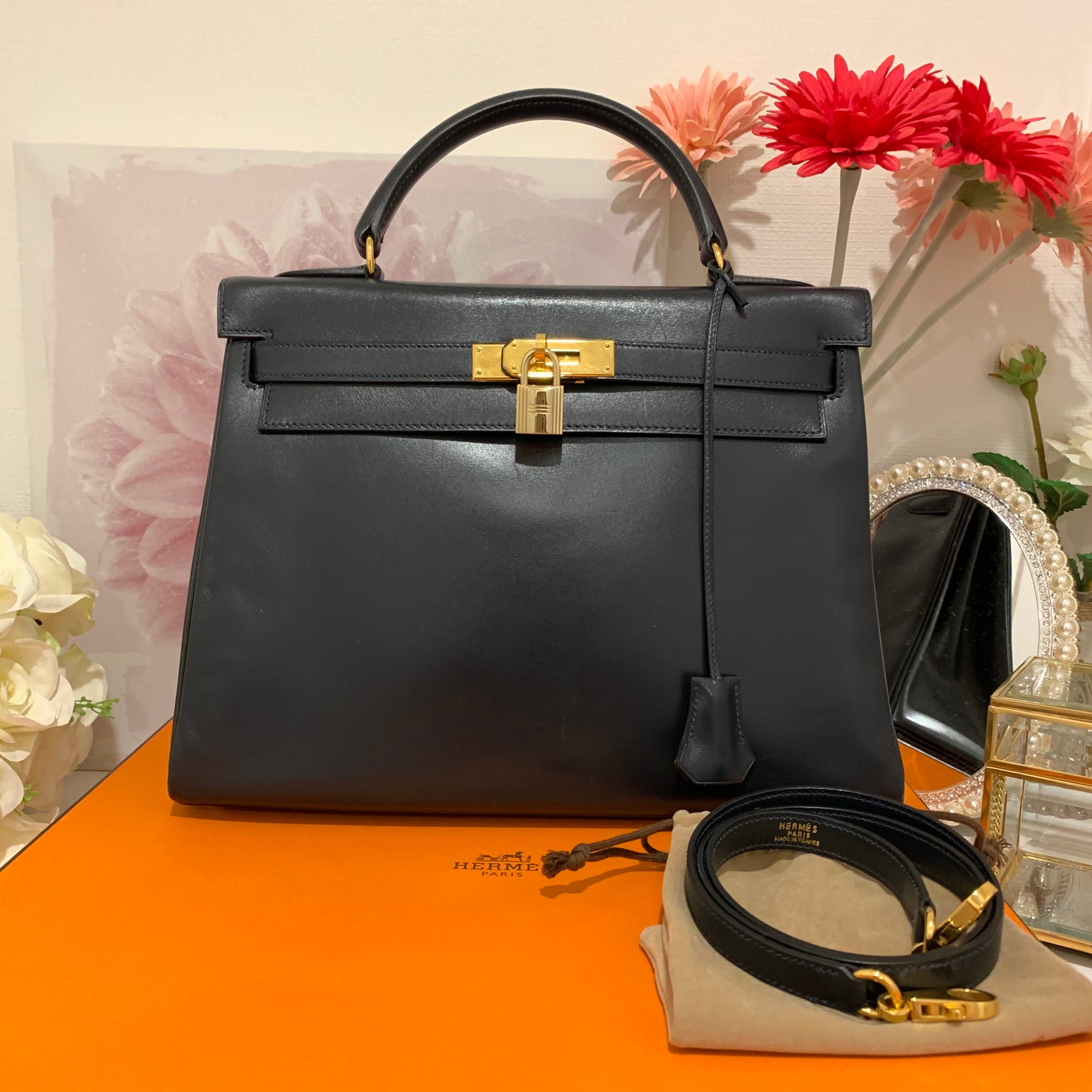 HERMES 2WAY ケリー32 ハンドバッグ ボックスカーフ レザー