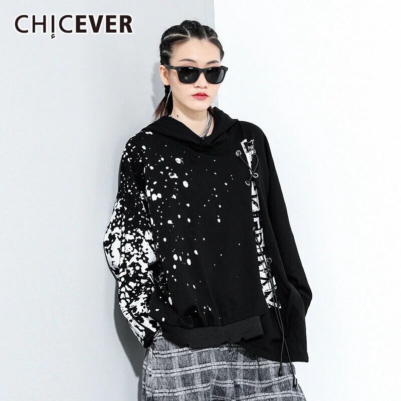 CHICEVERアシンメトリースウェットシャツレディースフード付きカラーバットウィング長袖プリントヒットカラー巾着服2020スタイル ロング 6base545838369231