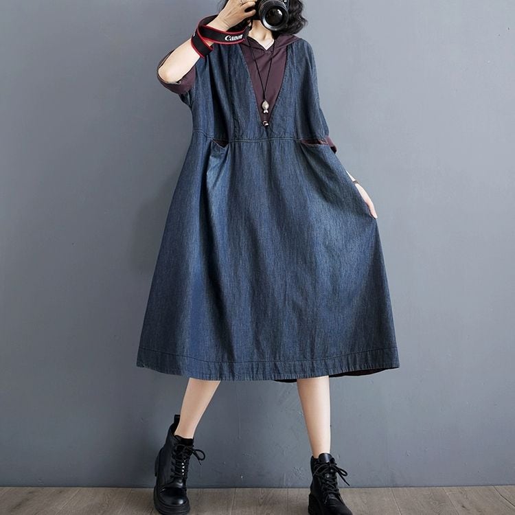 FAKE-2-PIECE HOOD STITCH 3/4 SLEEVES A-LINE MIDI DENIM DRESS 1color M-9411