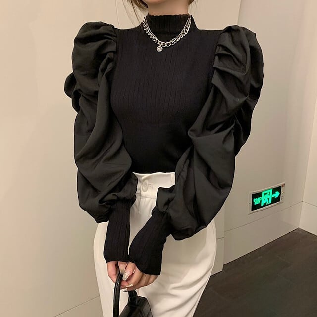 ニット レディース トップス パフスリーブ 異素材ミックス ボリュームスリーブ 長袖 ハイネック タートルネック かっこいい おしゃれ シンプル デザイン 秋冬 ブラック/ホワイト S/M/L