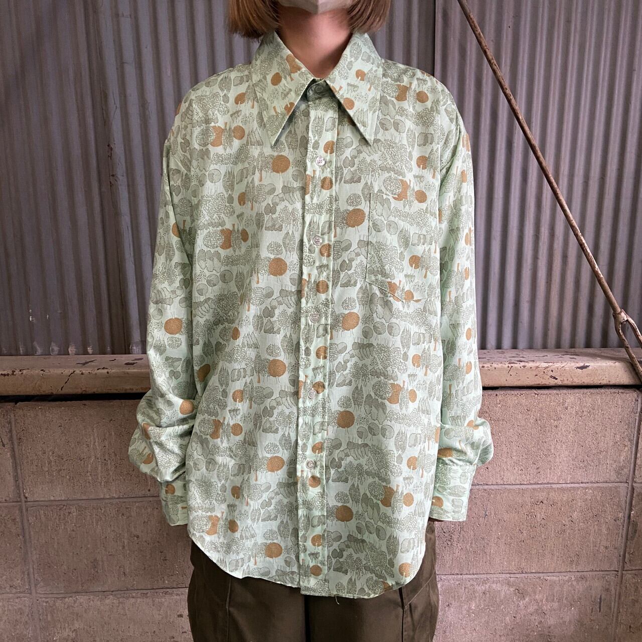 70年代 CASCADE 総柄 アート柄 長袖シャツ 開襟 メンズL 古着 