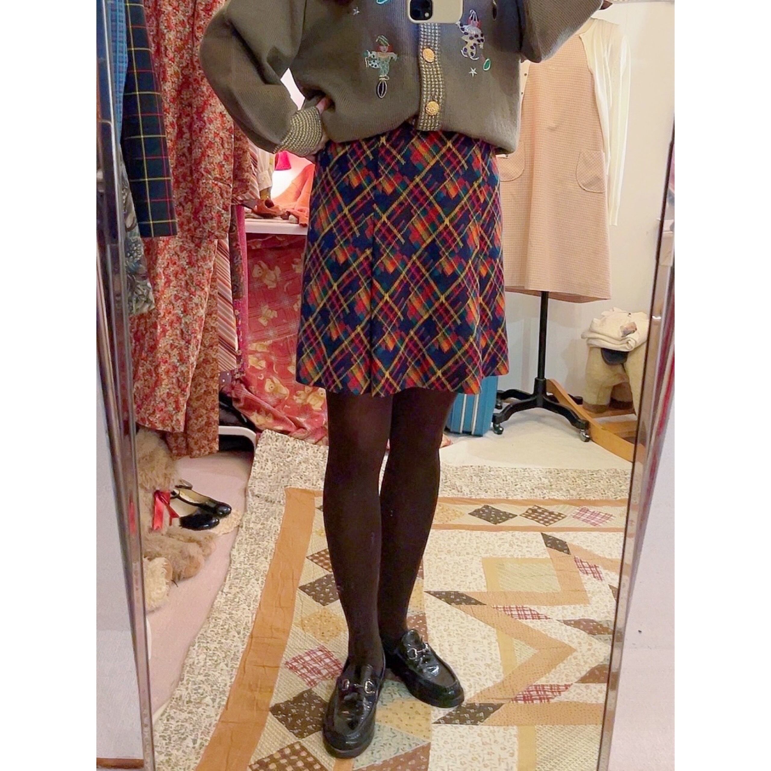 navy orange check mini tuck skirt