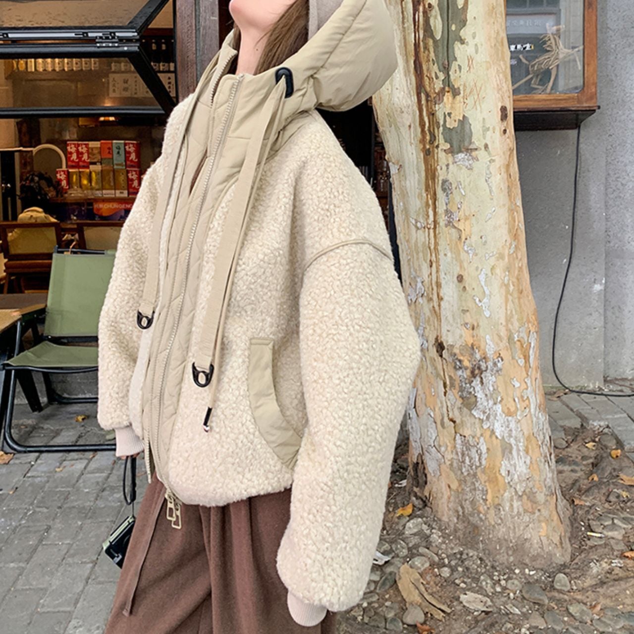 切替デザイン フード付き ボアブルゾン Ln00377