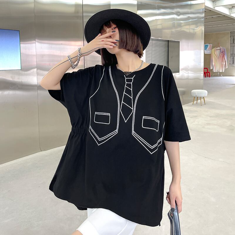 Tシャツ シャツ レディースサマーブラックラウンドネックプリントルーズ薄手トップス コットン 夏物 Oネック ラブタオタオダレンハウス10221132523