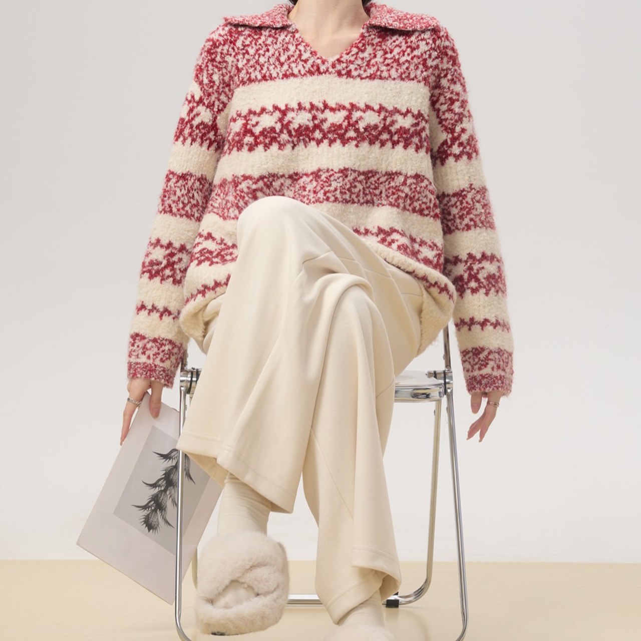 フェアアイル柄ボーダージャカードVネックニット H0063