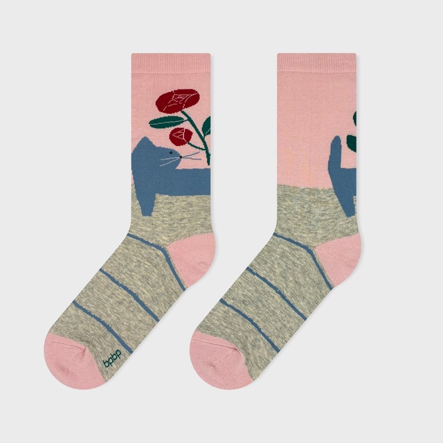 【JIN KITAMURA】北村人 SOCKS RED FLOWER & CAT ソックス 赤い花と猫