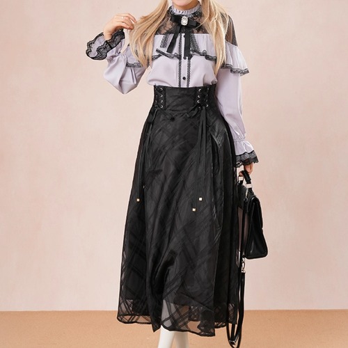 【2点セット】シアーネックレースブラウス＋レースアップフレアスカート ・73306